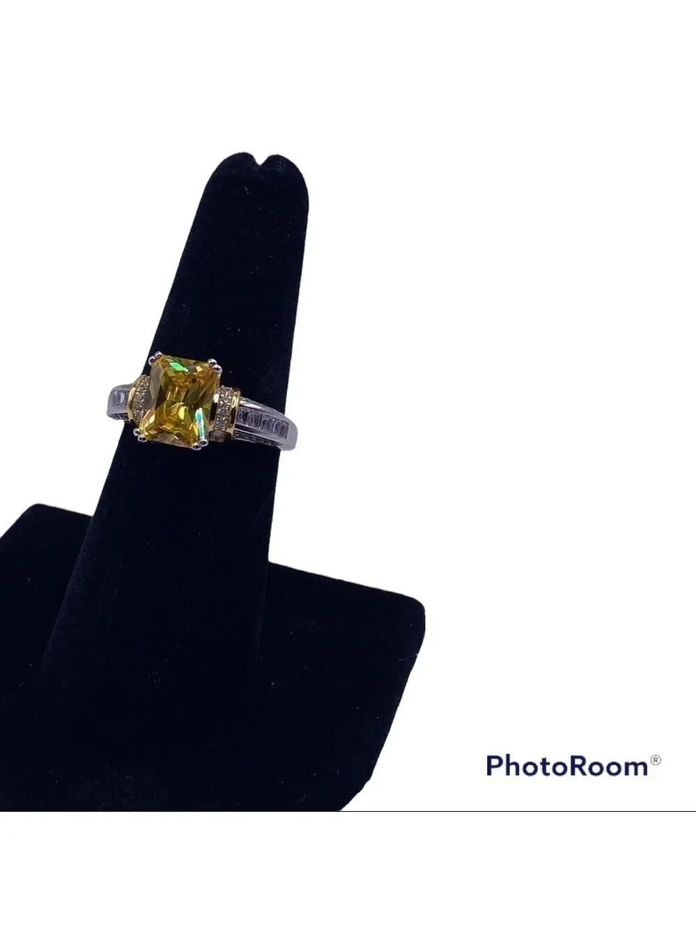 Sterling Silver Two Tone Gold Plated Emerald Cut Yellow CZ Ring - Size 7, NWT